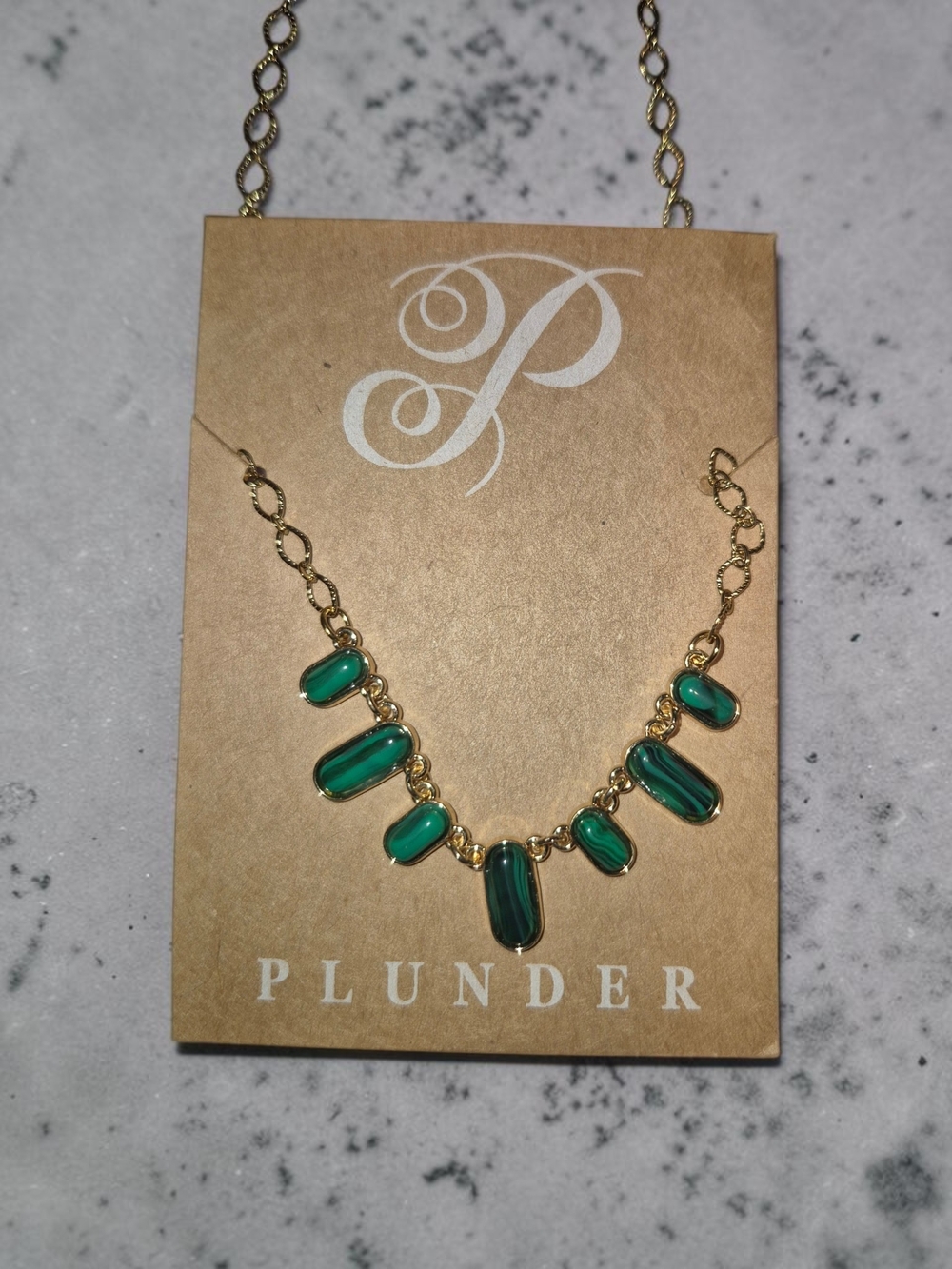 Plunder Design Gold Tone Faux Malachite Green Stone Drop Statement Necklace NWT